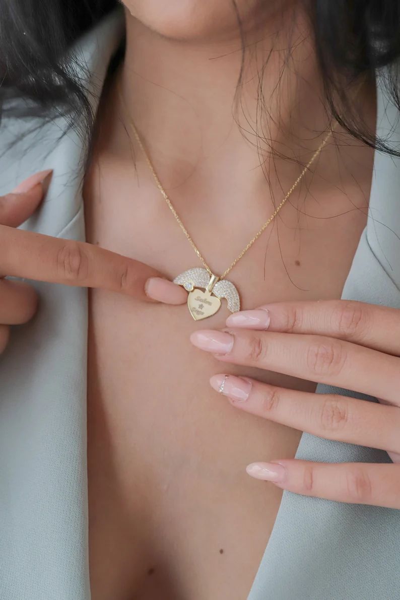 Engraved Name Heart Wings Necklace