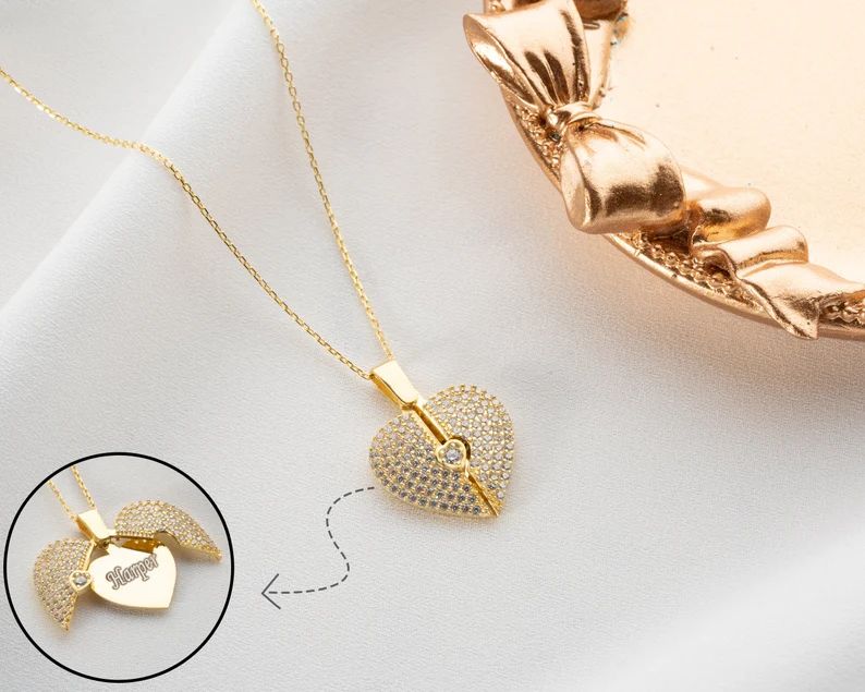 Engraved Name Heart Wings Necklace