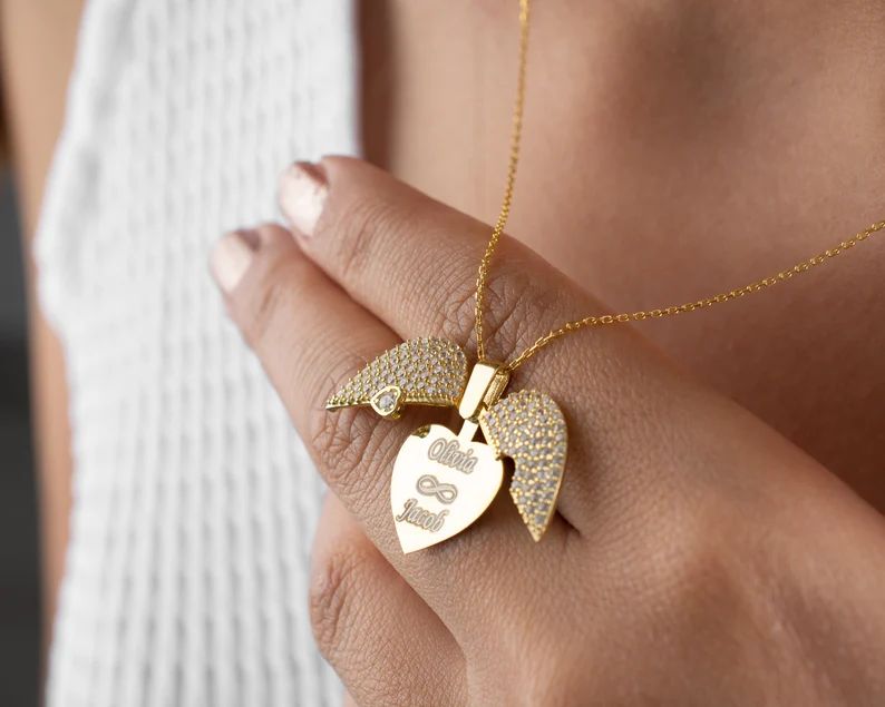 Engraved Name Heart Wings Necklace