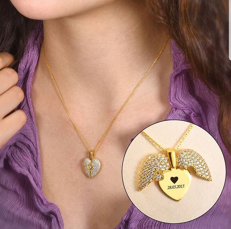 Engraved Name Heart Wings Necklace