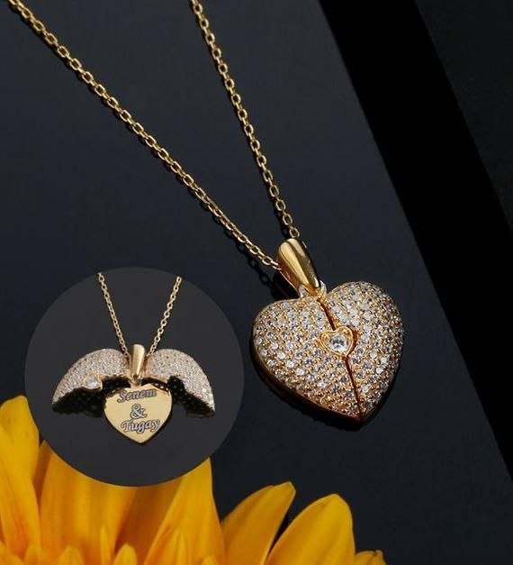Engraved Name Heart Wings Necklace