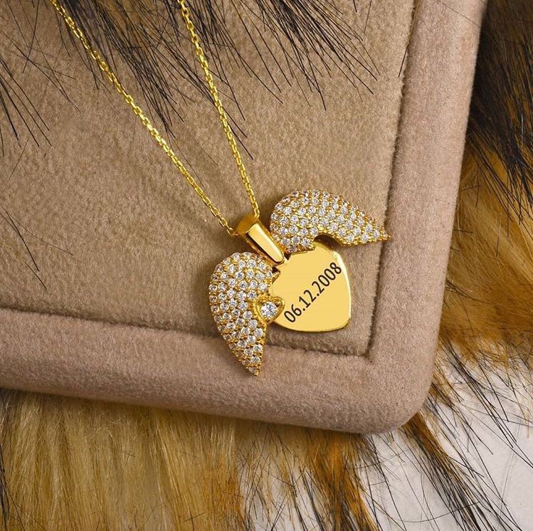 Engraved Name Heart Wings Necklace